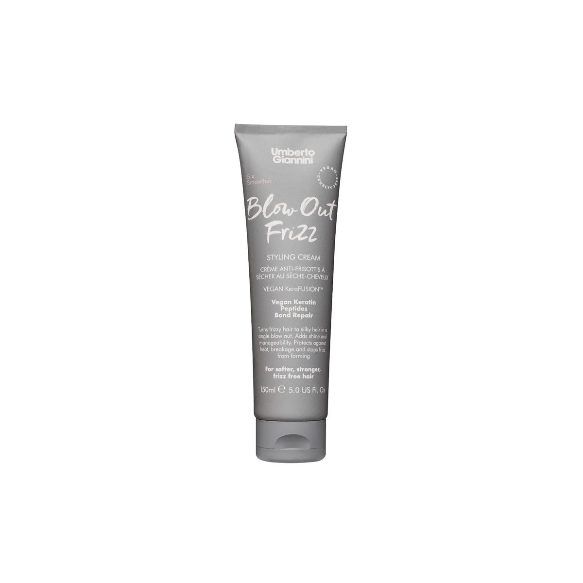 Tube of Umberto Giannini Frizz Fix Blow-Out Frizz Styling Cream 150ml in gray design with white text and vegan ingredients.