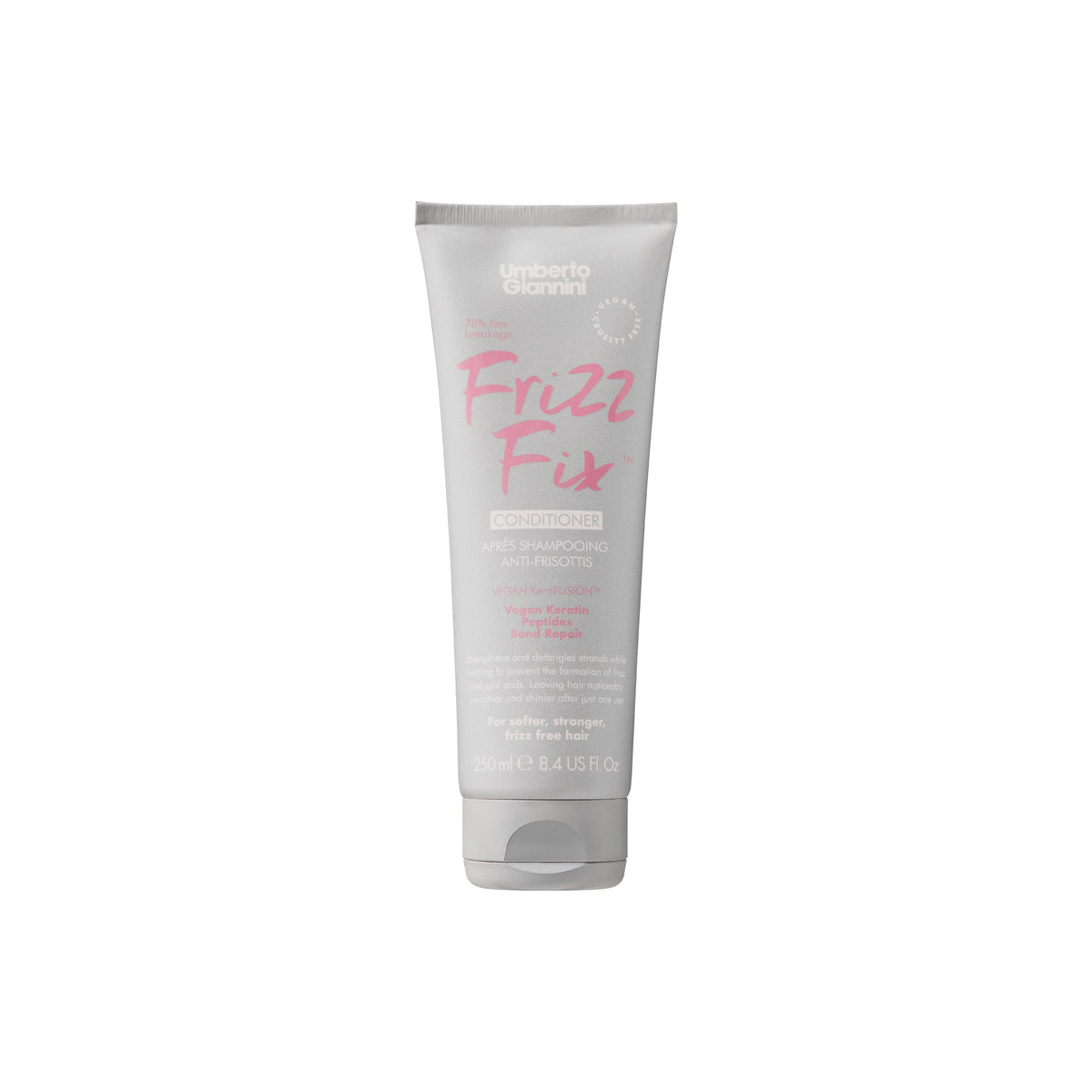 Tube with Umberto Giannini Frizz Fix Conditioner in gray and pink design, 250 ml care conditioner against frizz and for shiny hair.