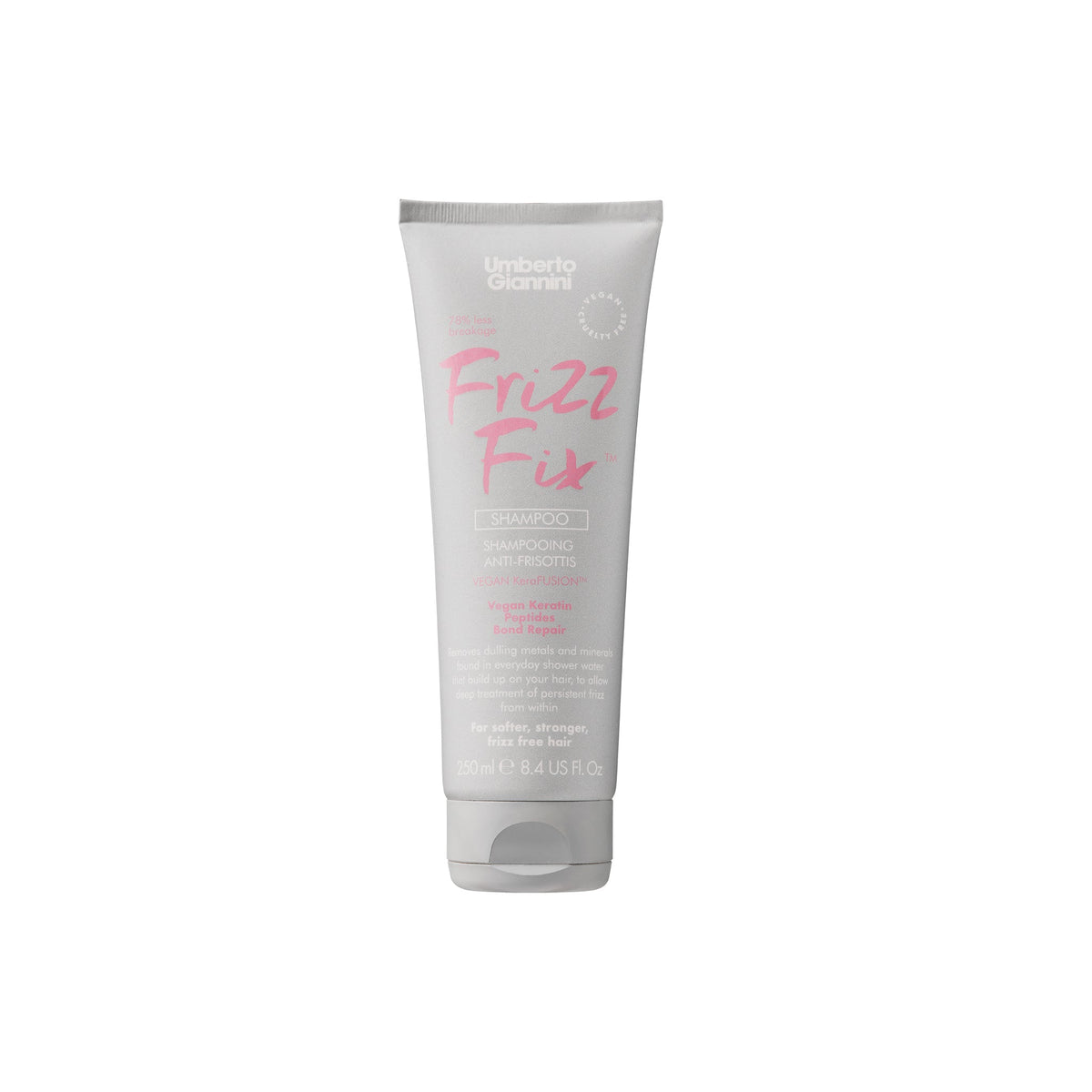 Tube of Umberto Giannini Frizz Fix shampoo in gray and pink design, 250 ml, for frizzy and damaged hair.