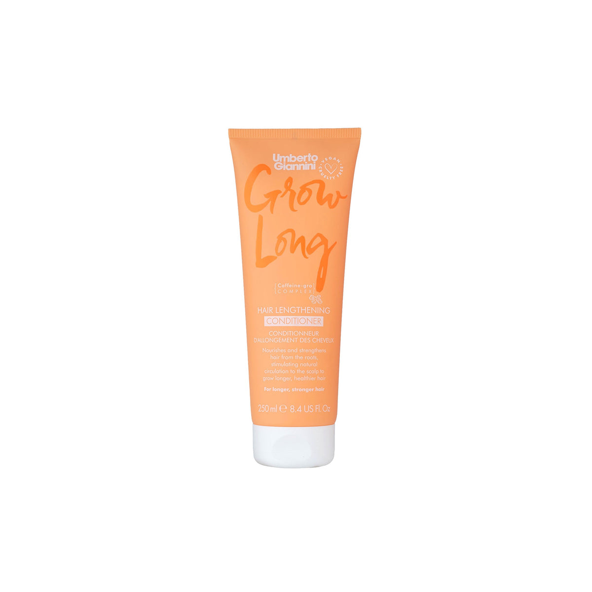 Umberto Giannini Grow Long conditioner in orange tube with white cap, designed to promote longer and stronger hair.