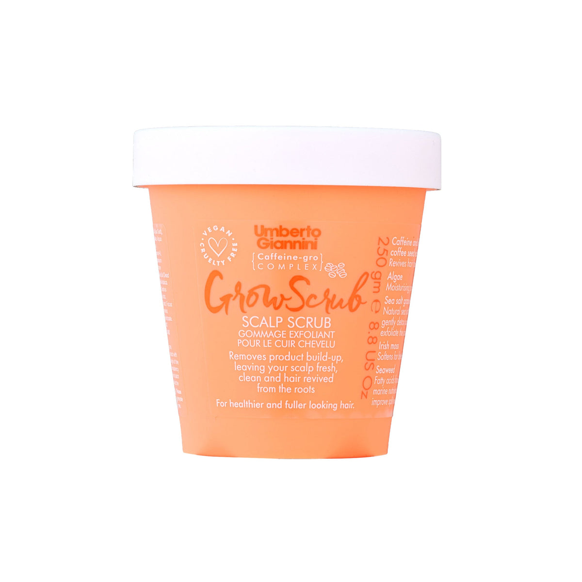 Orange container with Umberto Giannini Grow Scrub scalp scrub for healthier scalp and fuller hair.