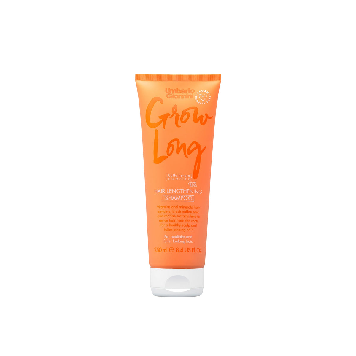 Orange tube with Umberto Giannini Grow Long shampoo for hair growth, contains caffeine and mineral extracts, 250 ml.