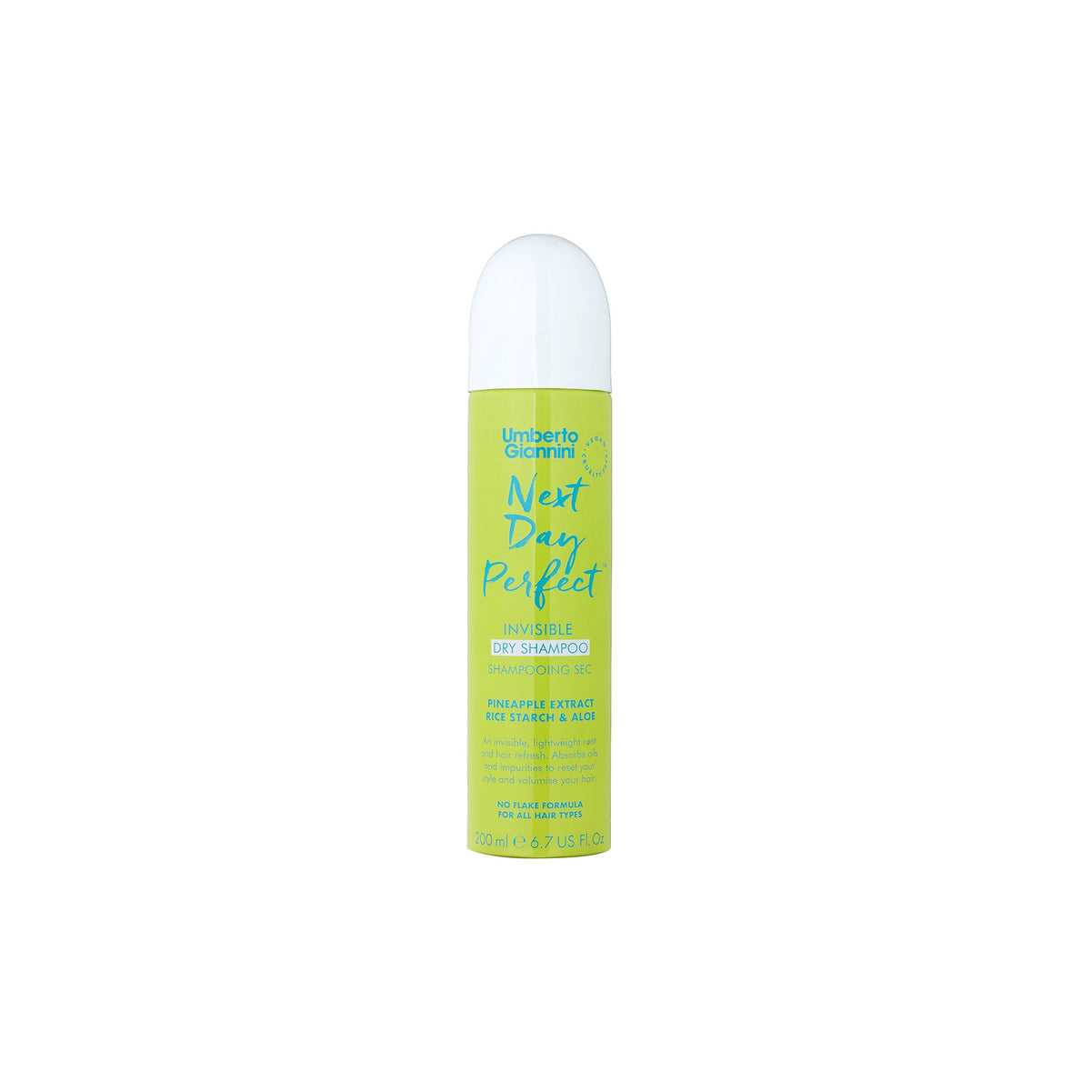 Spray can with Umberto Giannini Next Day Perfect dry shampoo in lime green packaging with blue and white details.