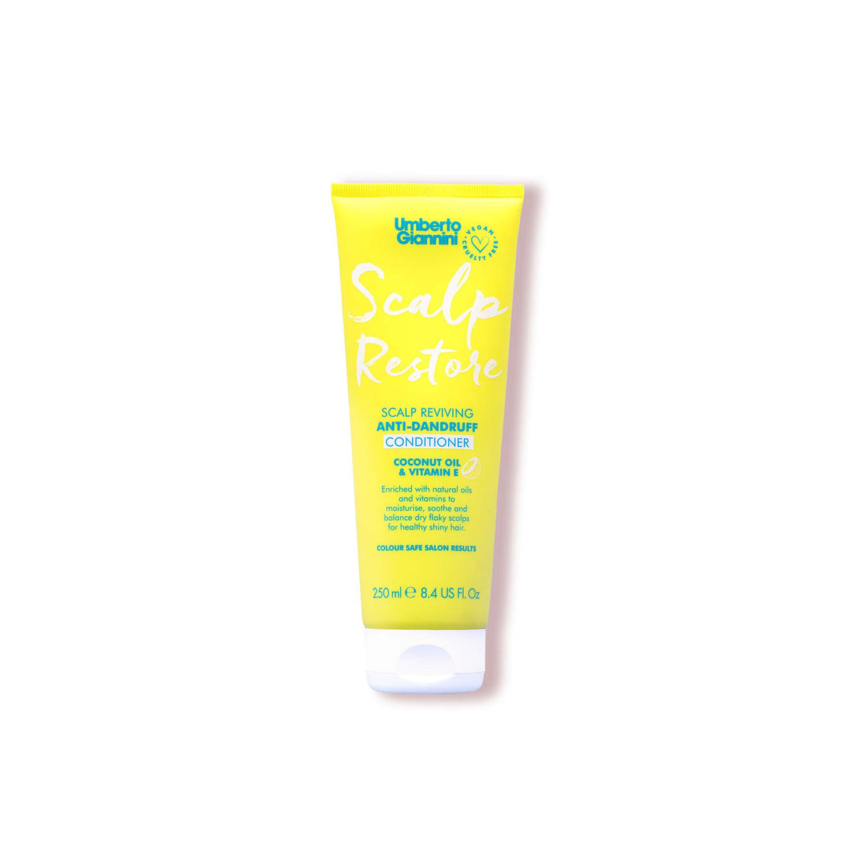 Yellow tube with Umberto Giannini Scalp Restore anti-dandruff conditioner with coconut oil and vitamin E, 250 ml.