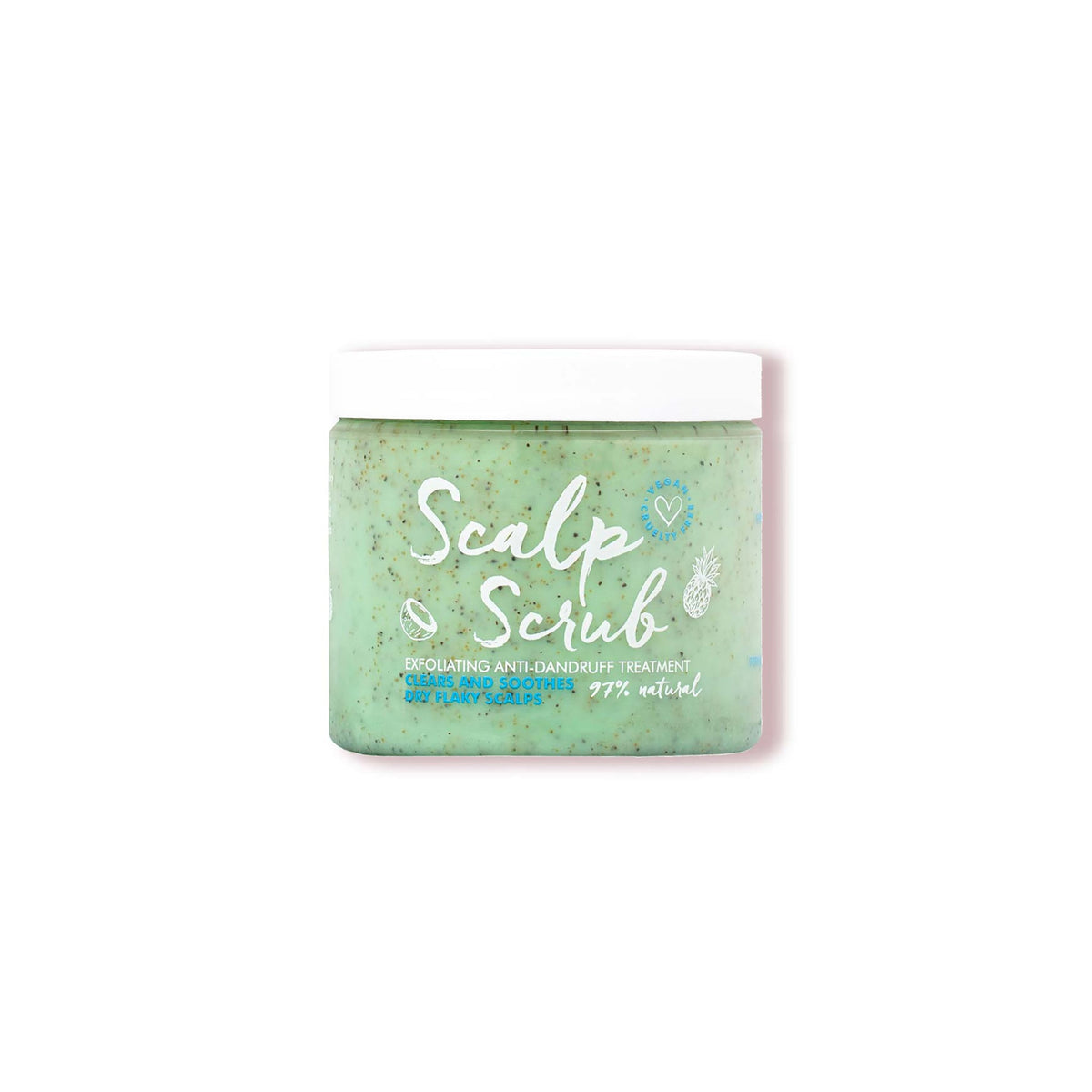Green container with Scalp Scrub exfoliating anti-dandruff treatment for dry and flaky scalp, 97% natural.