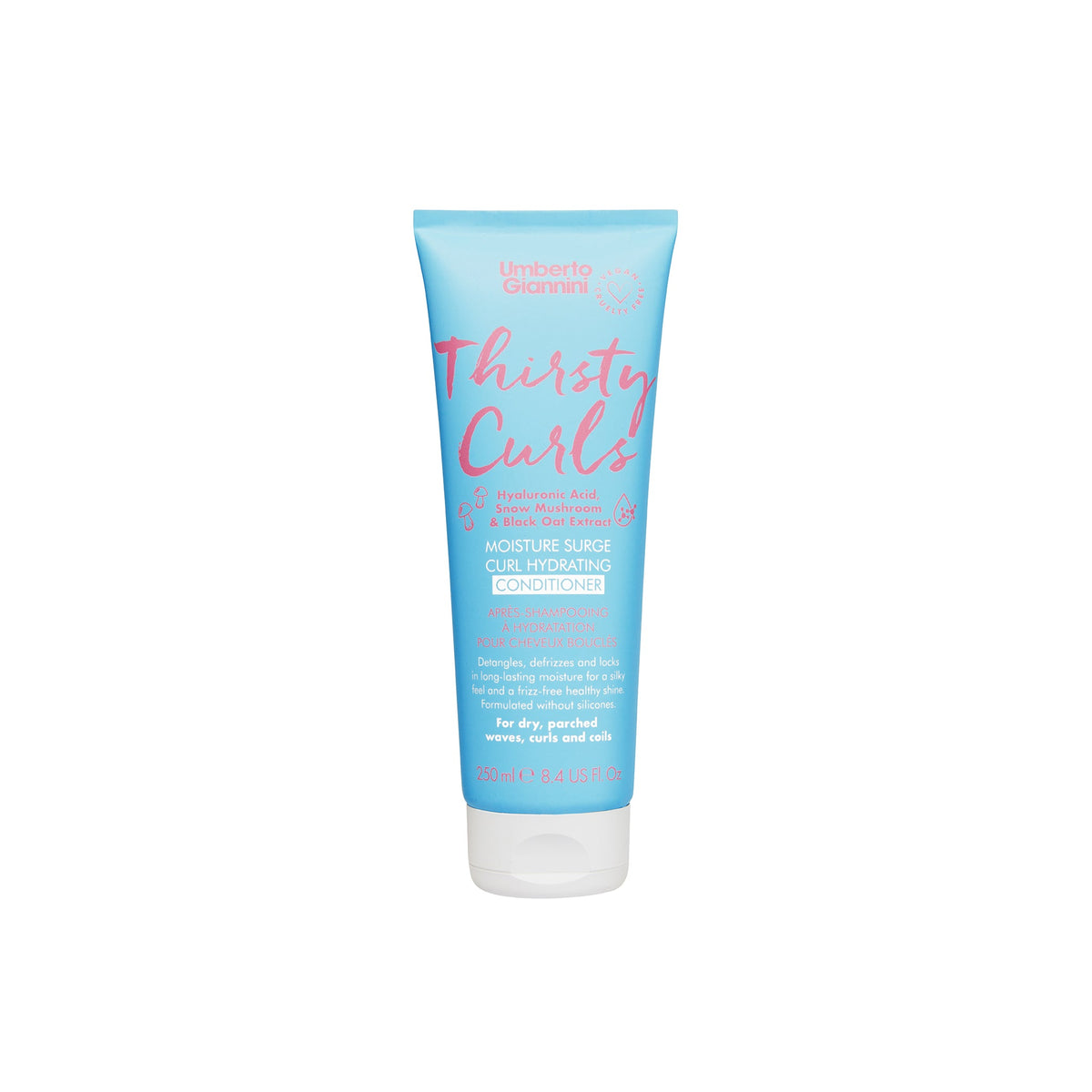 Blue tube of Umberto Giannini Thirsty Curls Moisture Surge Curl Hydrating Conditioner for curly and dry hair on white background.