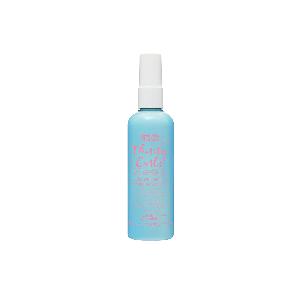 Light blue bottle of Umberto Giannini Thirsty Curls curl enhancing hydrating lotion for dry curls and waves.
