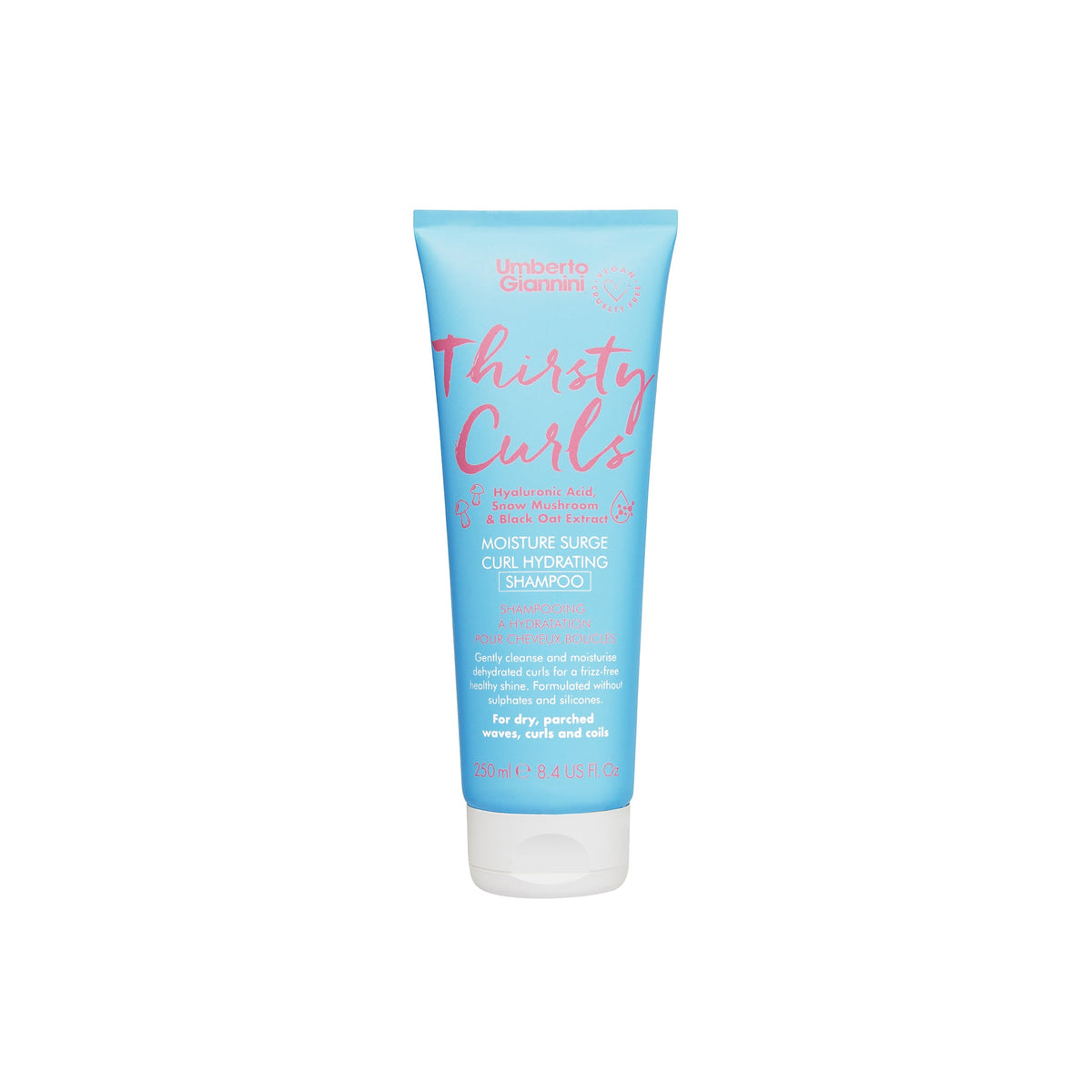 Umberto Giannini Thirsty Curls Moisture Surge Shampoo in blue tube with pink text, for dry and frizzy curly hair.