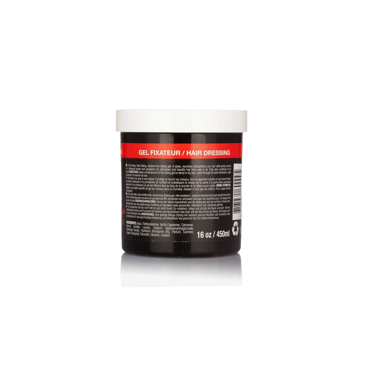 Universal Beauty Styling Gel (16oz) back cover with ingredients list and instructions for use.