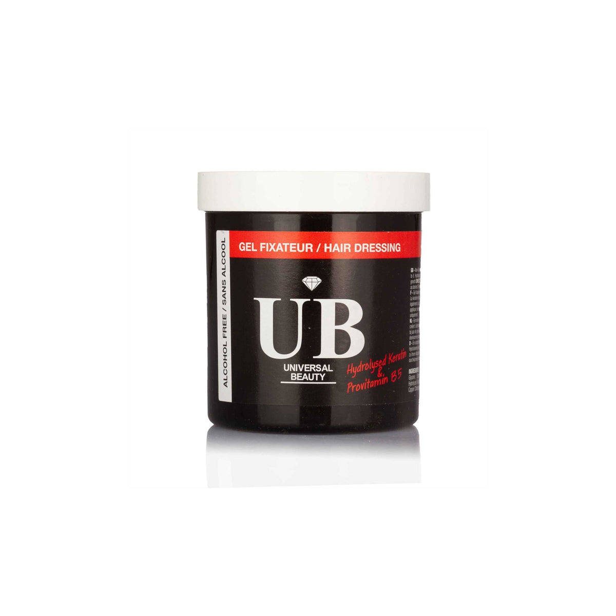 Universal Beauty Styling Gel (16oz) with "UB" logo. Alcohol-free hair styling gel/fixateur.