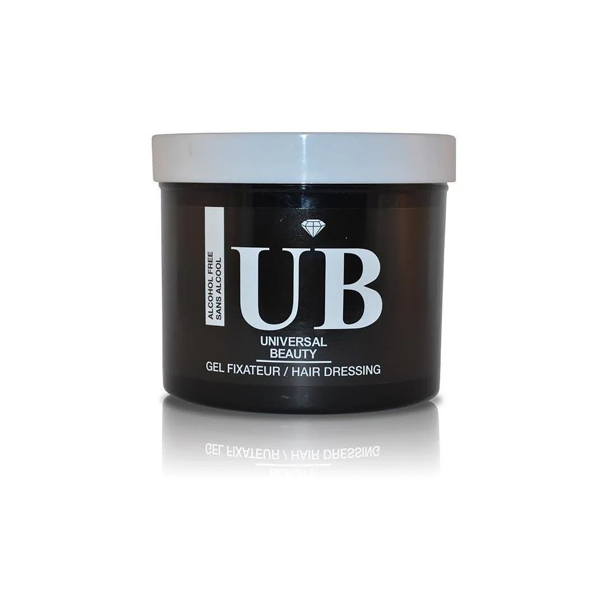 Universal Beauty Styling Gel (32oz) in black plastic can with white lid. Alcohol-free hair styling gel/fixateur.
