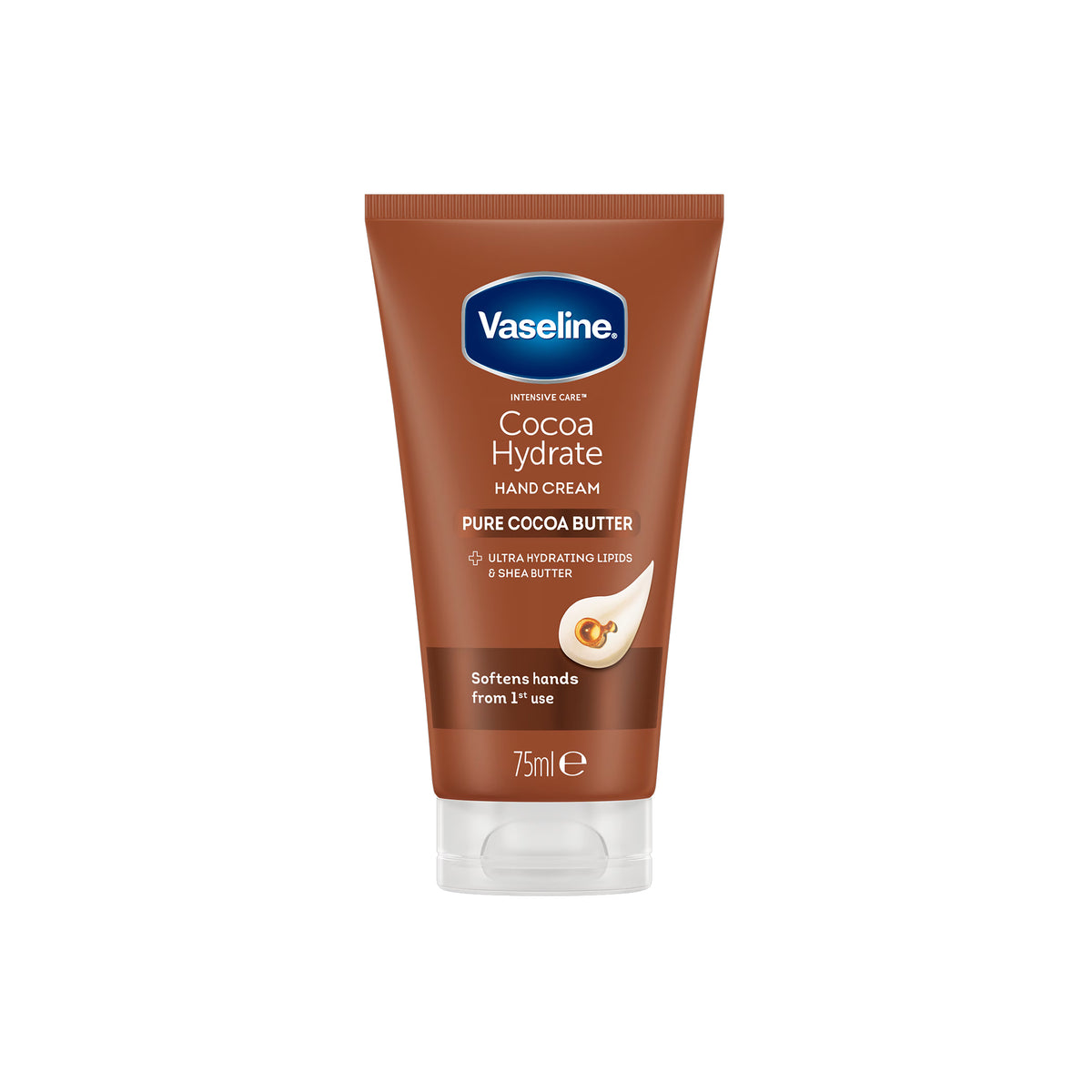 Brown tube Vaseline hand cream Cocoa Hydrate 75ml with cocoa and shea butter, which moisturizes and softens dry hands from the first use.