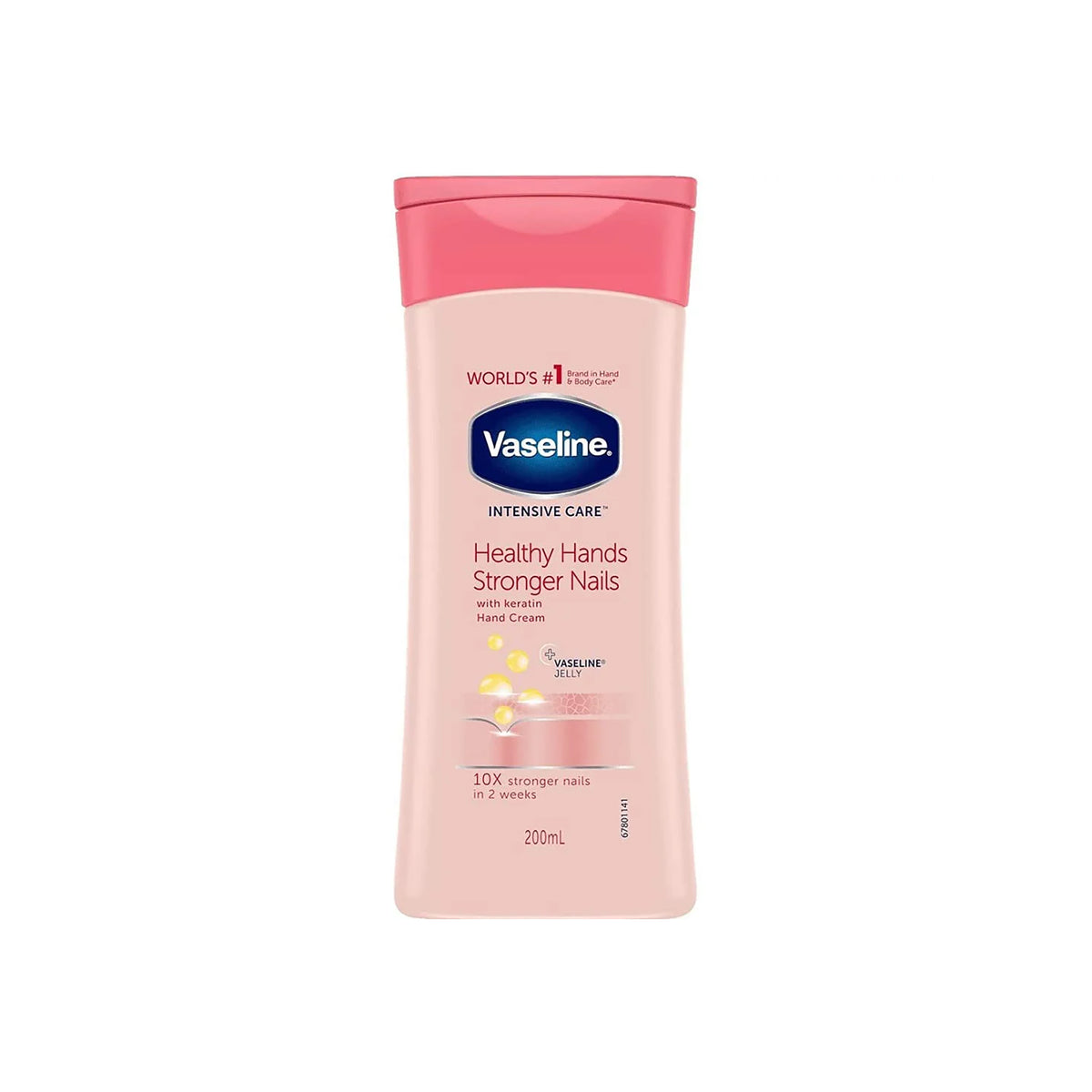 Vaseline Healthy Hands Stronger Nails Lotion in pink bottle with pink lid, 200 ml, hand cream with keratin and Vaseline Jelly.