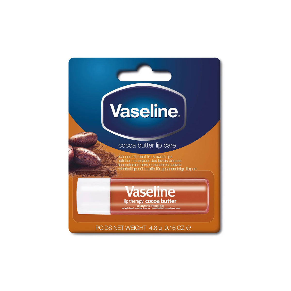 Vaseline Lip Therapy Stick Cocoa Butter in brown and white packaging with cocoa bean illustration, 4.8 g, provides nourishing care for soft lips.