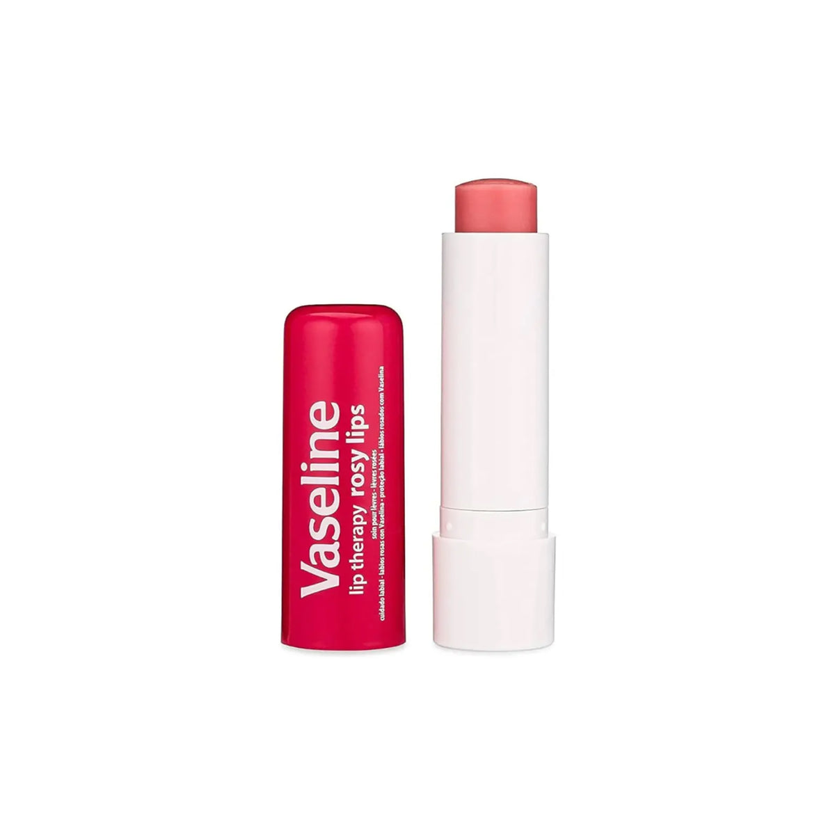 Vaseline Lip Therapy Stick Rosy in white case with pink cap and pink colored balm, 4.8 g, for soft and moisturized lips.