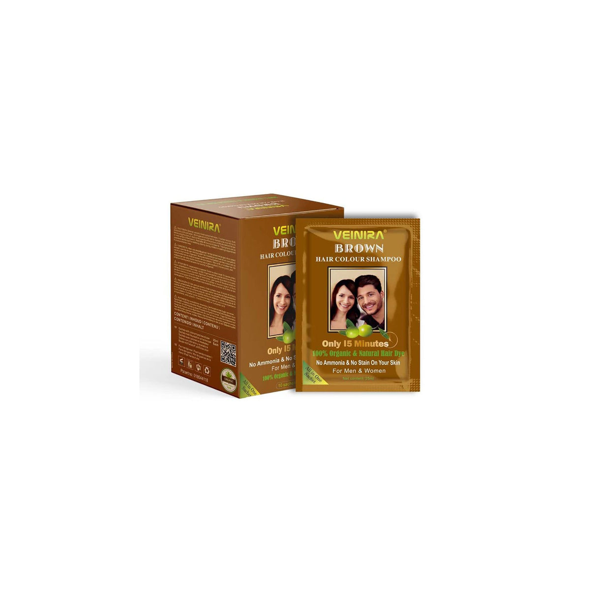 EINIRA Dark Brown Hair Color Shampoo, 10 packs of 25 ml. Quick and mild ammonia-free hair color that works in 15 minutes and is suitable for both men and women.