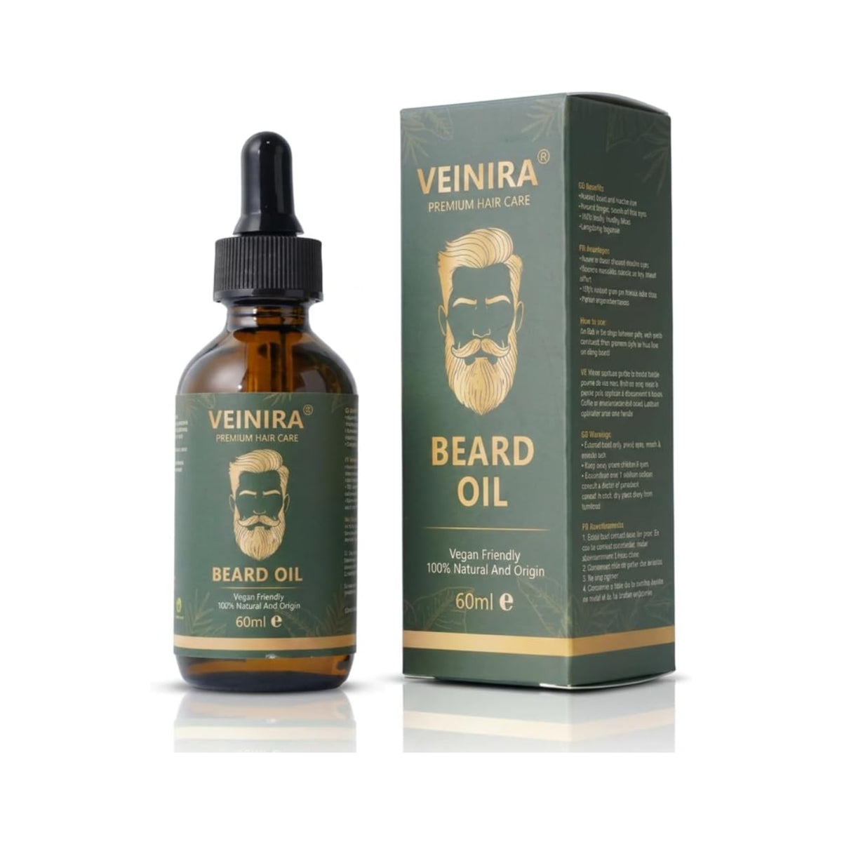 Veinira Beard Oil beard oil 60 ml in brown dropper bottle next to green and gold packaging.