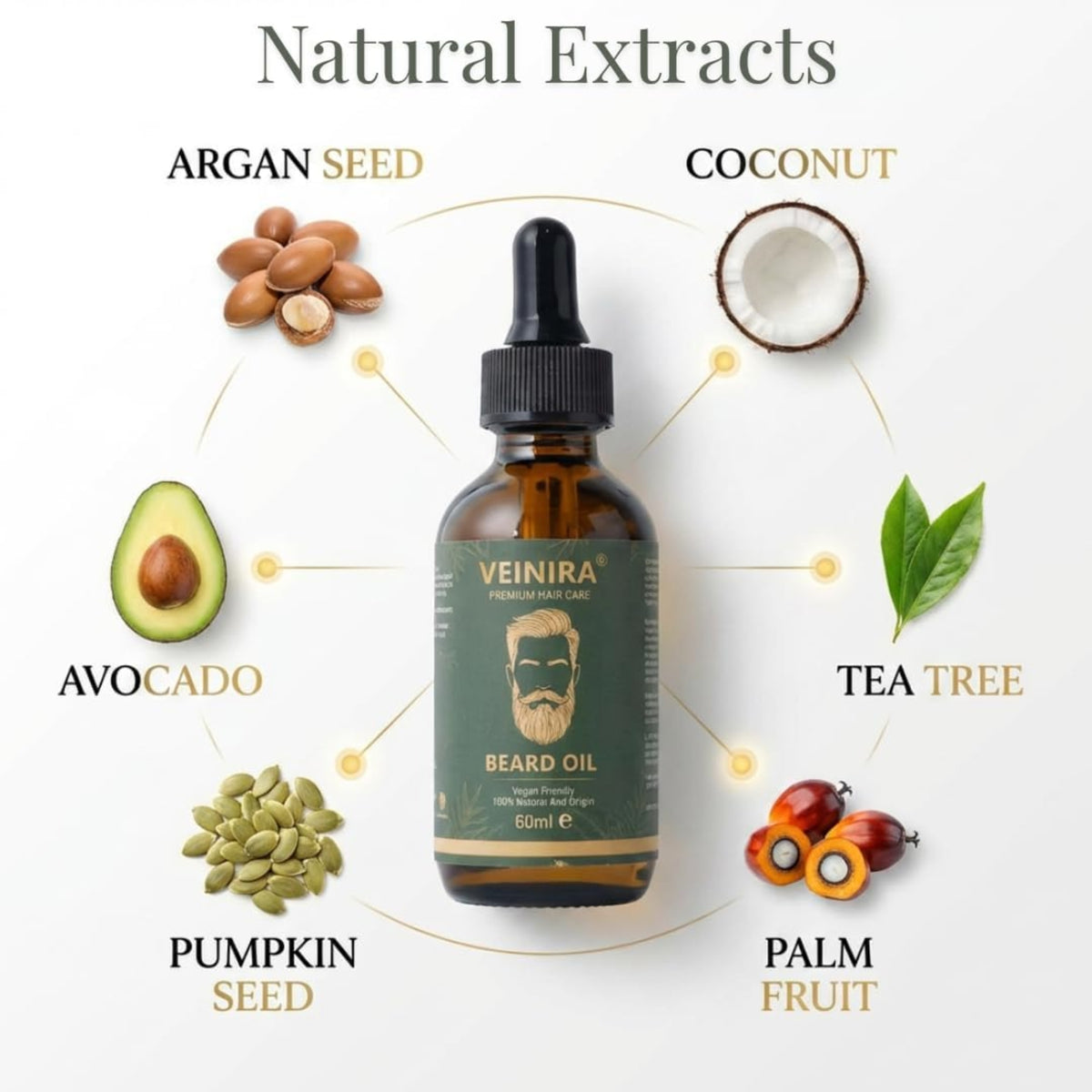 Veinira beard oil 60ml with natural extracts: argan kernel, coconut, avocado, pumpkin seeds, tea leaf and palm fruit.
