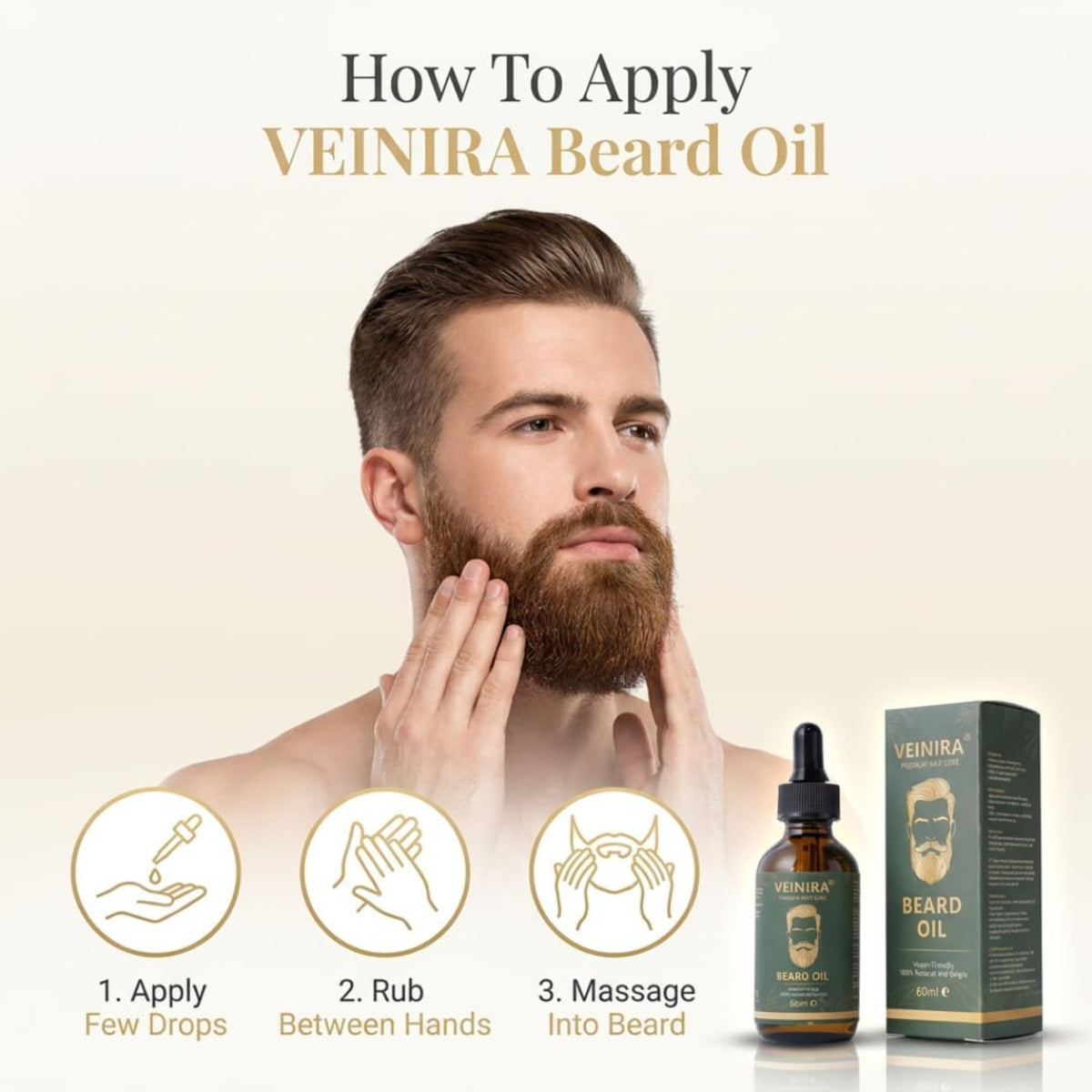 Men with beards apply VEINIRA Beard Oil in three steps: drip, rub between hands, massage into beard.