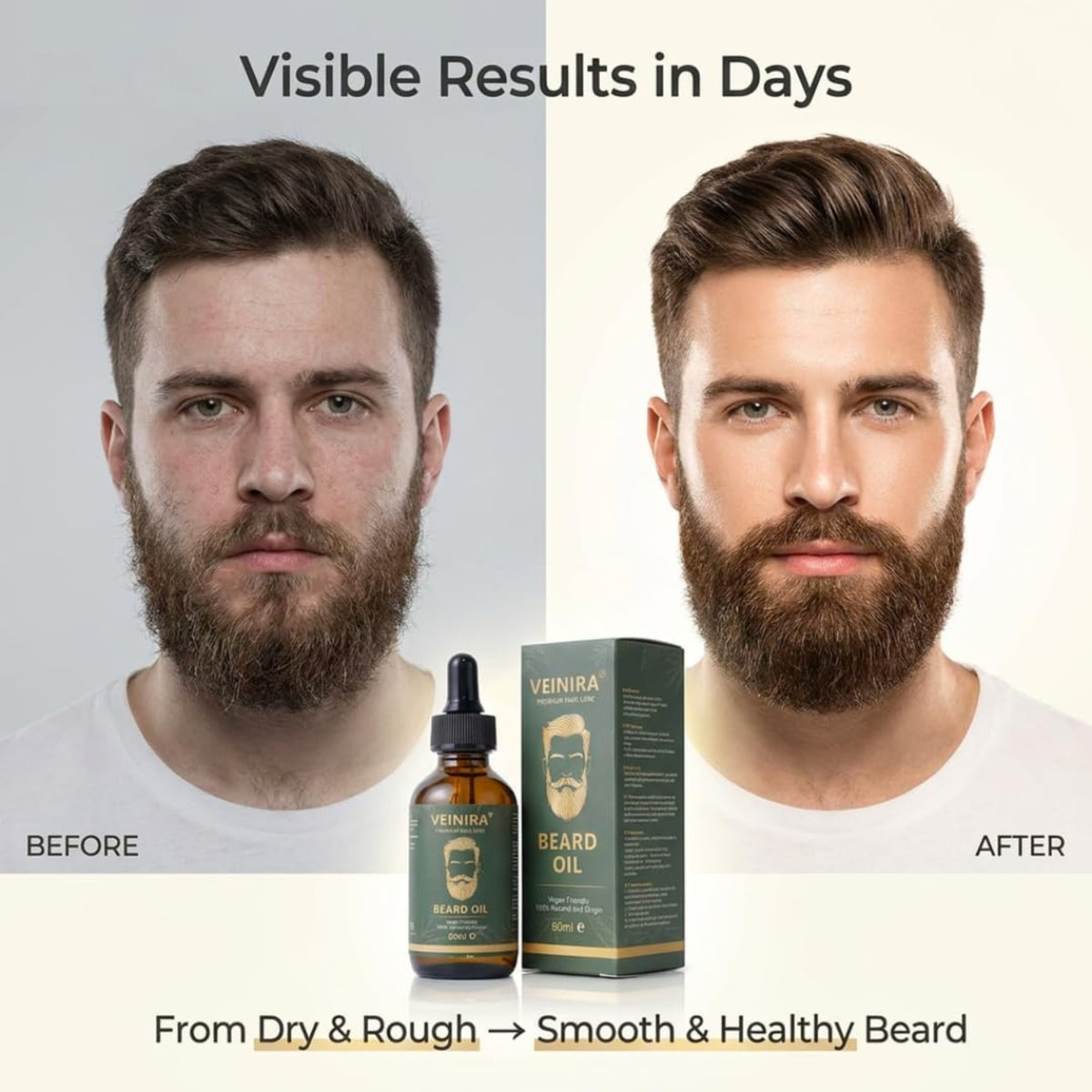 Before/after comparison of man with beard - Veinira Beard Oil gives visible results from dry to soft, healthy beard.
