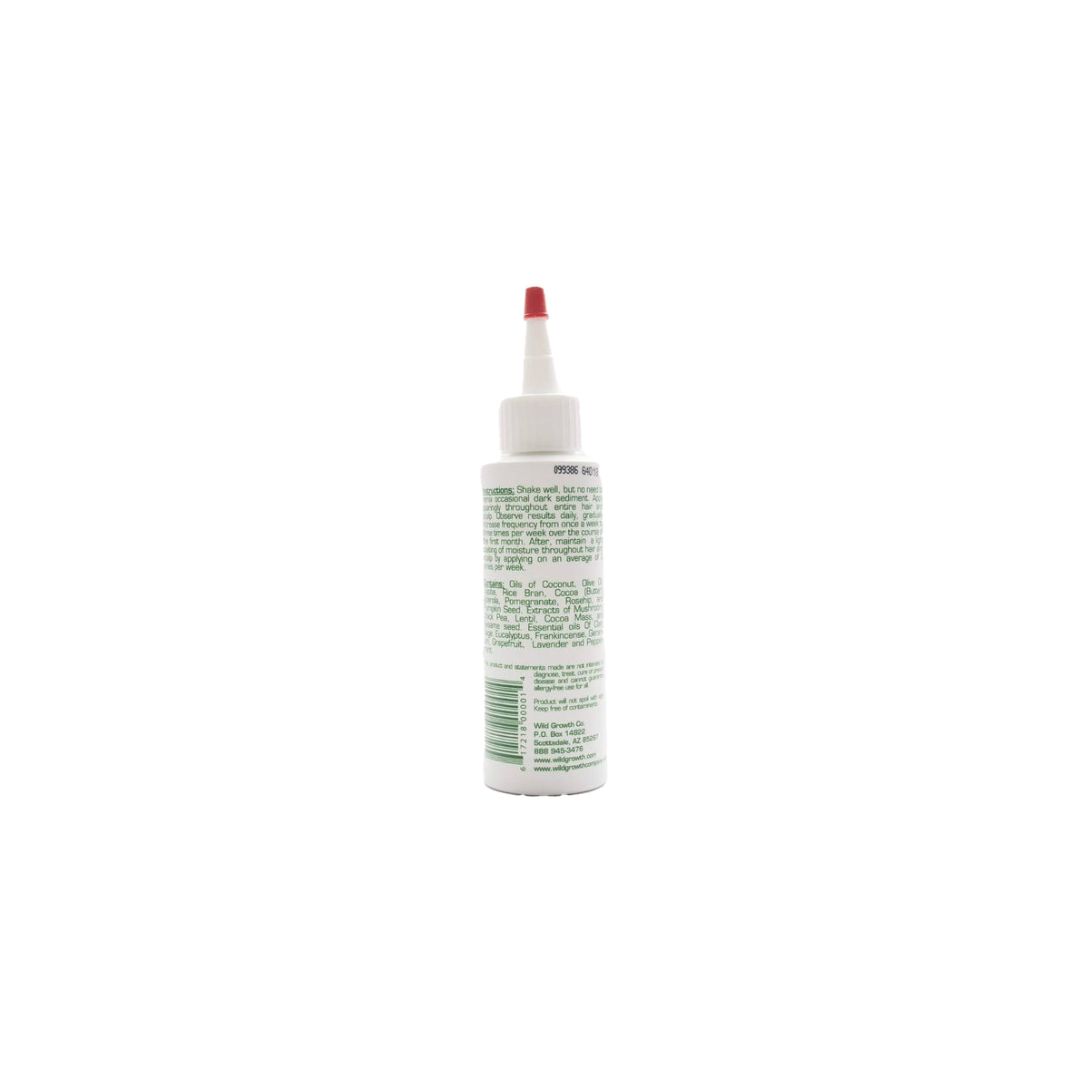 Back of a bottle of Wild Growth Hair Oil. The bottle is green and white with black writing. The product is designed to promote hair growth.