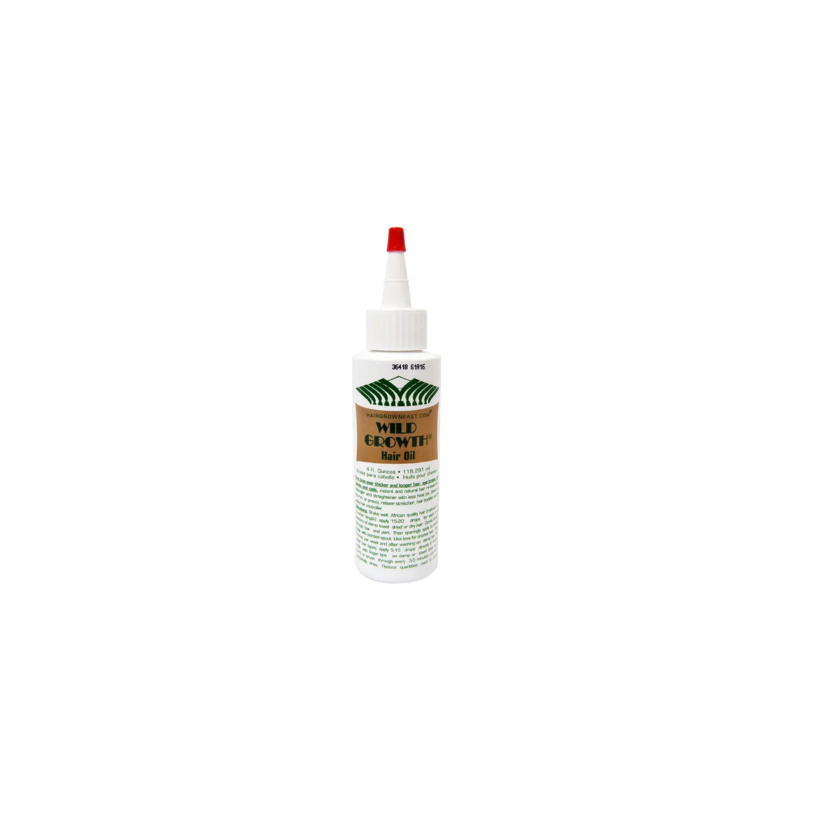 Wild Growth Hair Oil 118ml. A white bottle with a green label and red spout containing hair oil for hair growth.