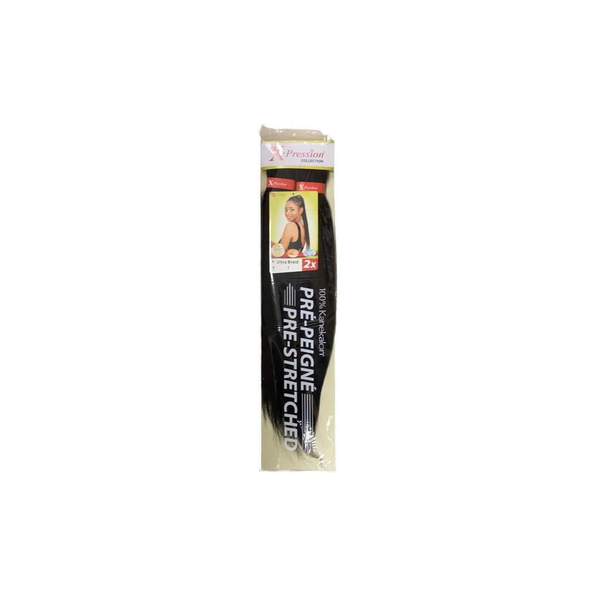 X-Pression Ultra Braid Pre-Stretched 1: Synthetic braid material in Jet Black (color 1), pre-stretched and ready to use.