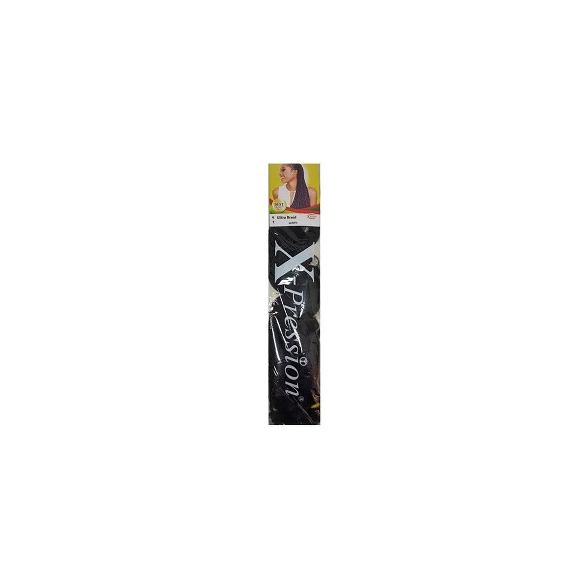 X-Pression Ultra Braid 1: Jet Black synthetic braiding material made from 100% Kanekalon fiber, ideal for box braids and other braiding styles.