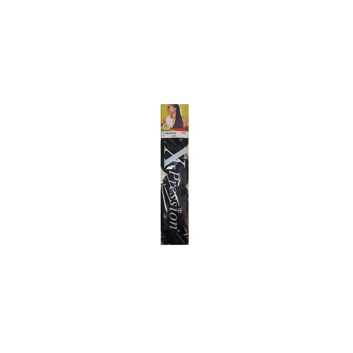 X-Pression Ultra Braid 1B: Off-black synthetic braiding material made from 100% Kanekalon fiber, ideal for box braids and other braiding styles.