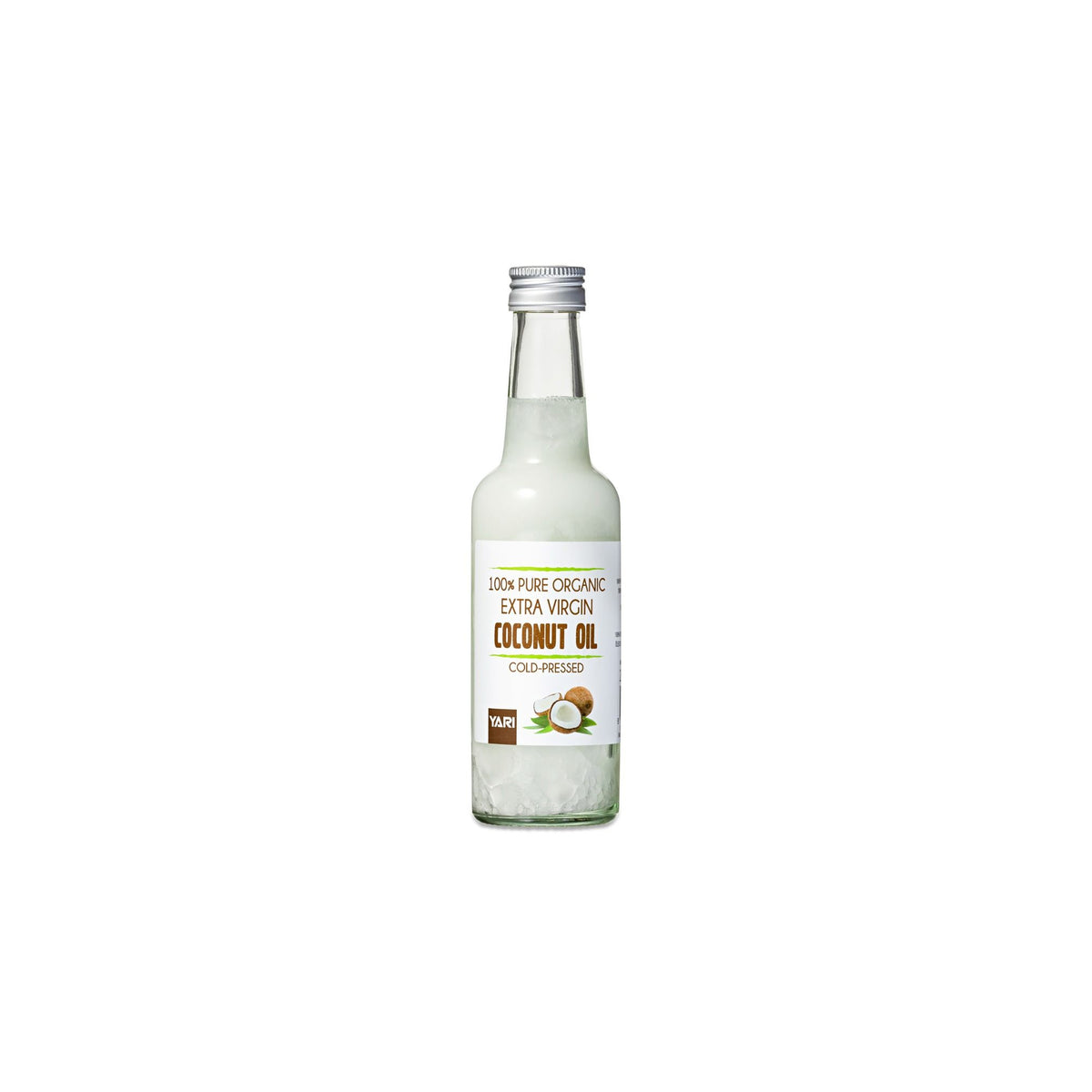 YARI 100% Pure Organic Extra Virgin Coconut Oil (250 ml). Clear glass bottle with silver lid, containing cold-pressed coconut oil.