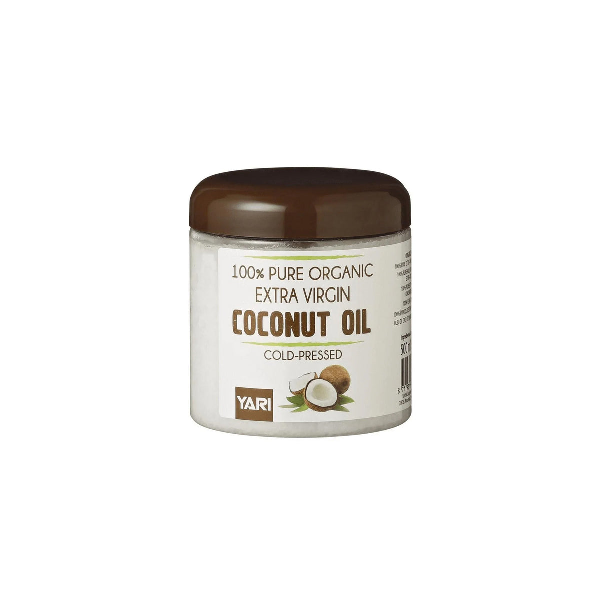 YARI 100% Pure Organic Extra Virgin Coconut Oil (500 ml). Clear plastic container with brown lid, containing cold-pressed coconut oil.