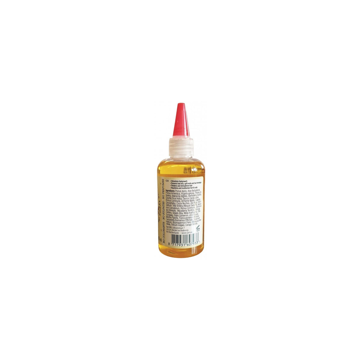 The back of YARI 100% Natural 36-in-1 Oils (105 ml). Clear plastic bottle with red tipped dosing cap. Displays ingredient list and information about the product.