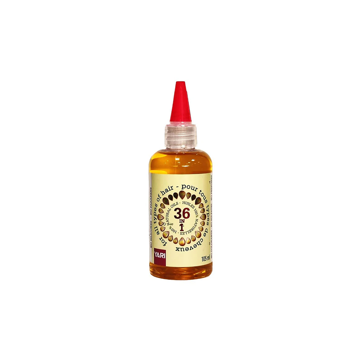 YARI 100% Natural 36-in-1 Oils (105ml). Clear plastic bottle with red pointed dosing cap, containing a mixture of 36 different oils for the hair.