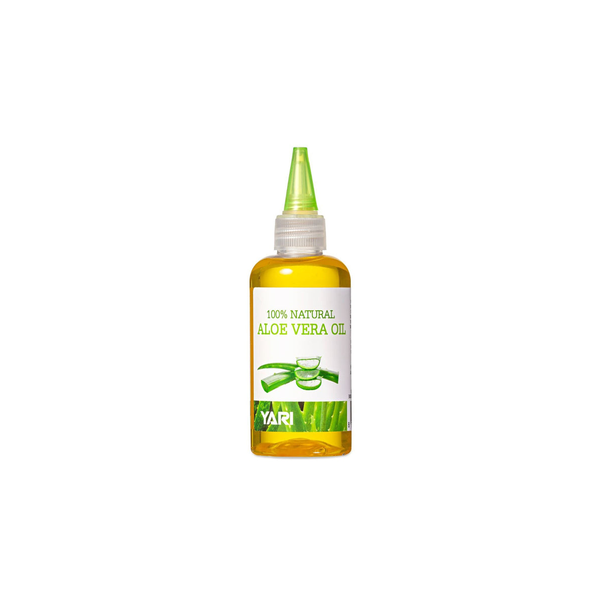 YARI 100% Natural Aloe Vera Oil (105 ml). Clear plastic bottle with pointed dosing cap, containing aloe vera oil.