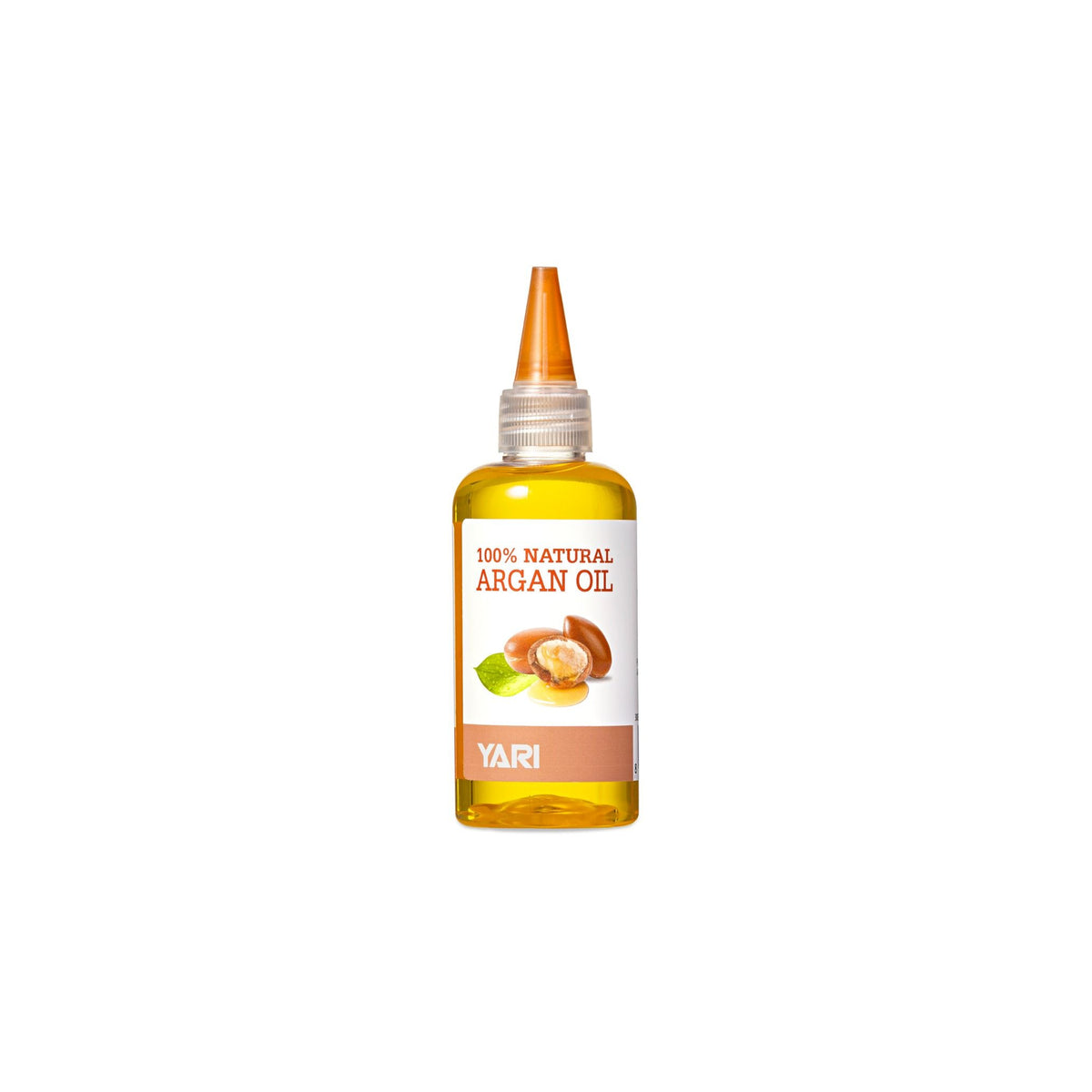 YARI 100% Natural Argan Oil (105 ml). Clear plastic bottle with pointed dosing cap, containing argan oil.
