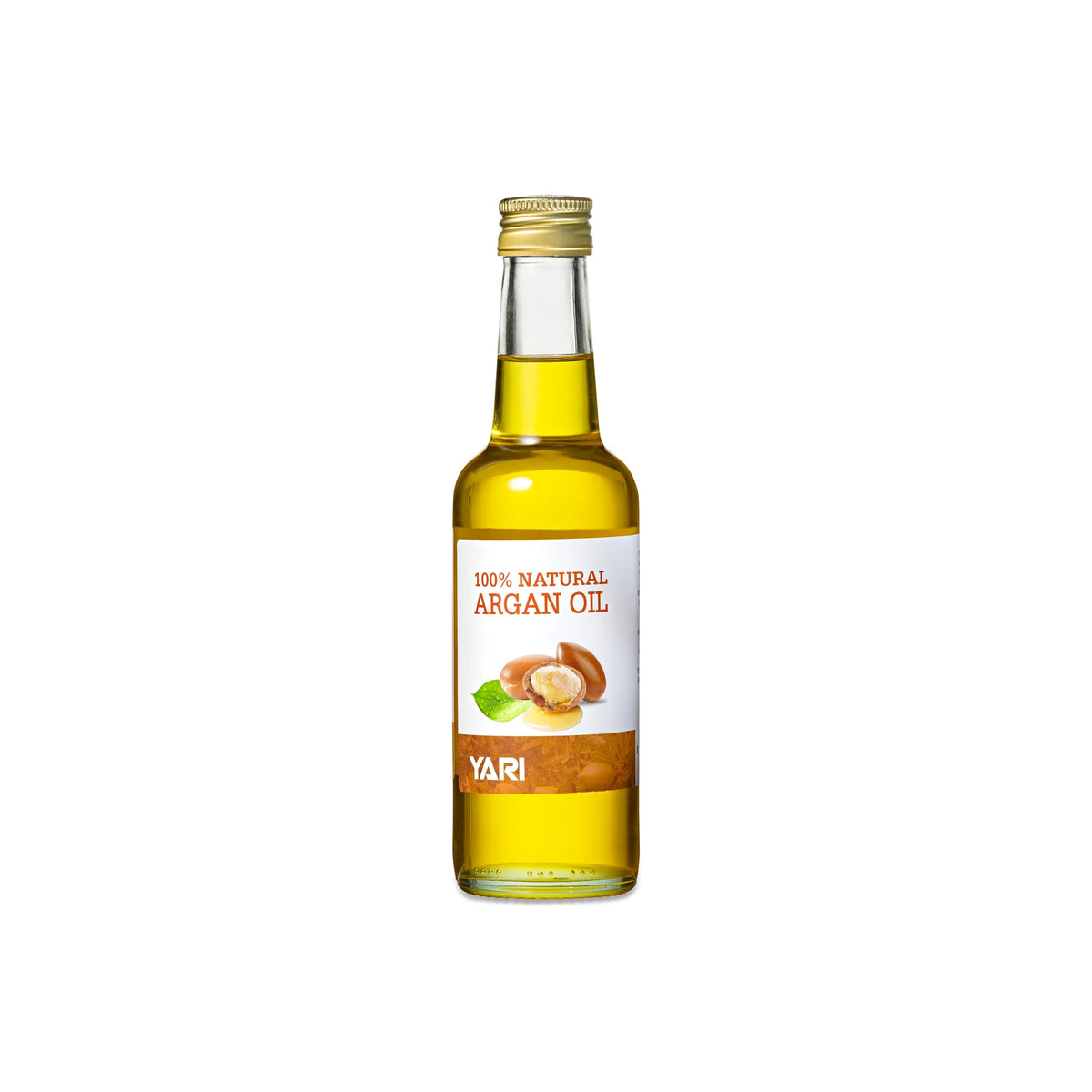 YARI 100% Natural Argan Oil (250 ml). Clear glass bottle with golden lid, containing argan oil.