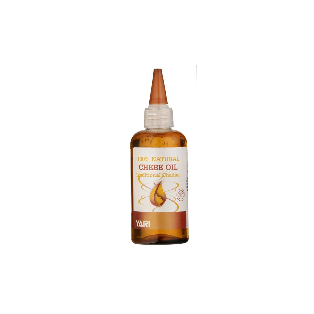YARI 100% Natural Chebe Oil (105 ml). Clear plastic bottle with pointed dosing cap, containing chebe oil. Traditional Chadian recipe.