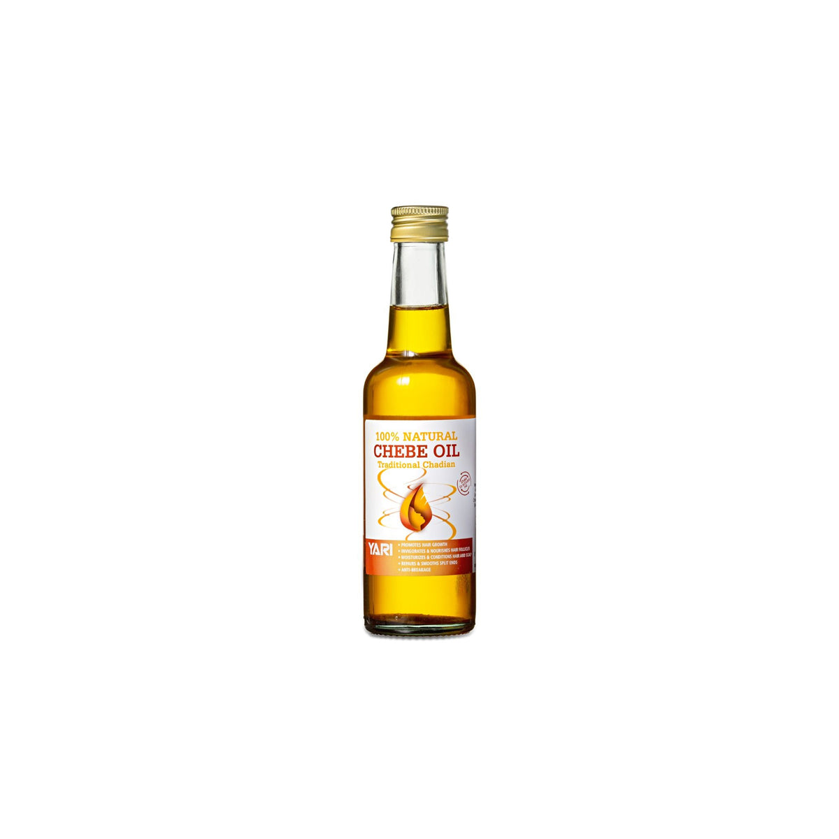 YARI 100% Natural Chebe Oil (250 ml). Clear glass bottle with golden lid, containing chebe oil. Traditional Chadian recipe.