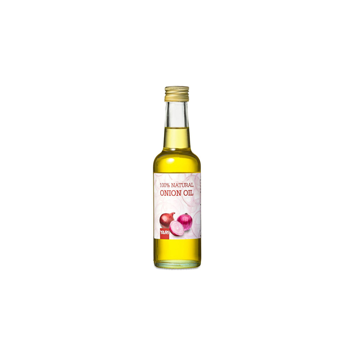 YARI 100% Natural Onion Oil (250 ml). Clear glass bottle with golden lid,