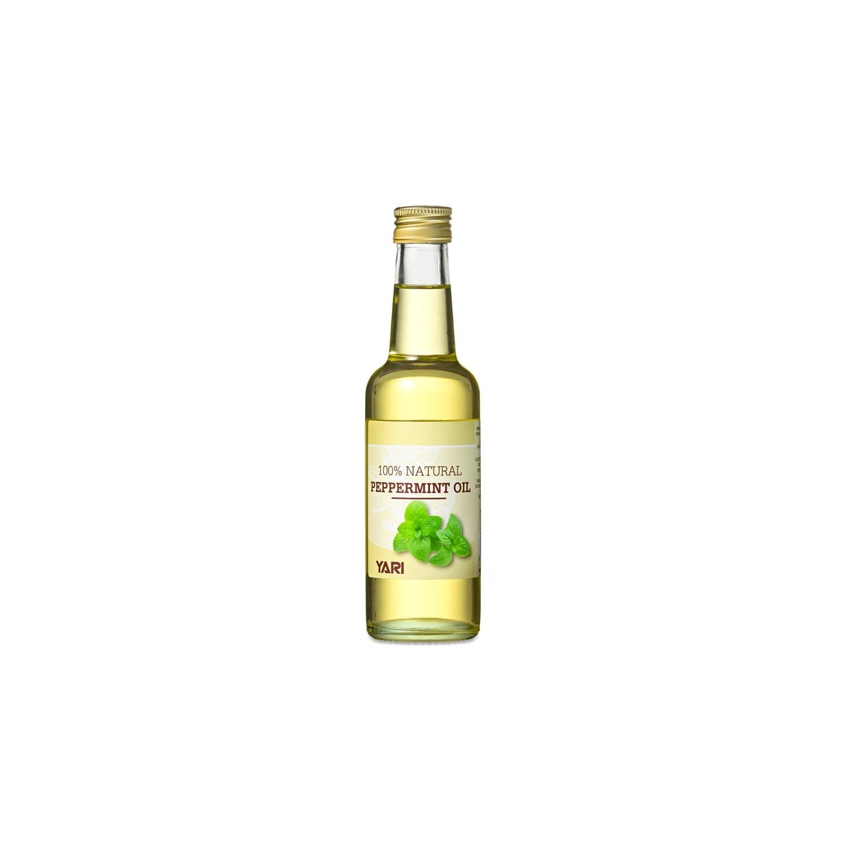YARI 100% Natural Peppermint Oil (250 ml). Clear glass bottle with golden cap, containing peppermint oil.