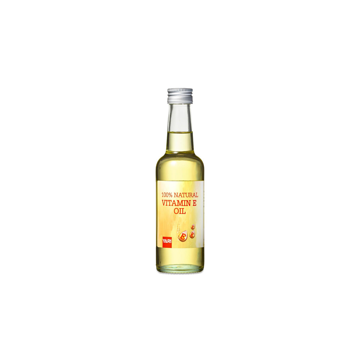 YARI 100% Natural Vitamin E Oil (250 ml). Clear glass bottle with silver colored lid, containing vitamin E oil.