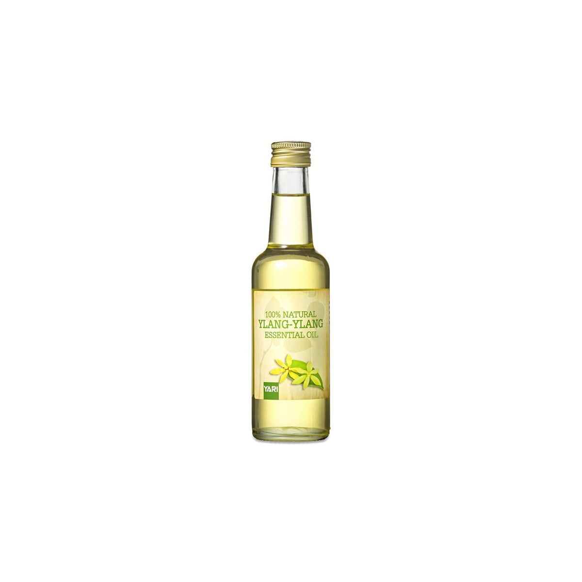 YARI 100% Natural Ylang-Ylang Essential Oil (250 ml). Clear glass bottle with golden lid, containing ylang-ylang essential oil.