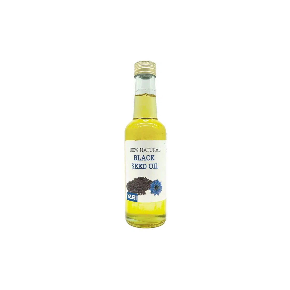 YARI 100% Natural Black Cumin Oil (250 ml). Clear glass bottle with golden lid, containing black cumin oil.