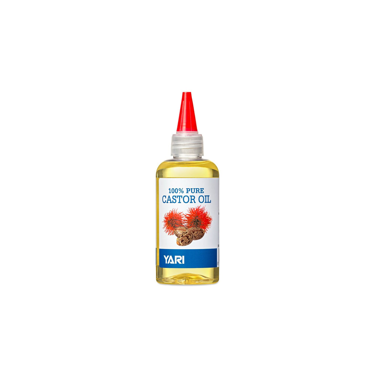 YARI 100% Pure Castor Oil (105 ml). Clear plastic bottle with silver cap and red tip/applicator, containing castor oil. Used for skin care, hair care and as a laxative.