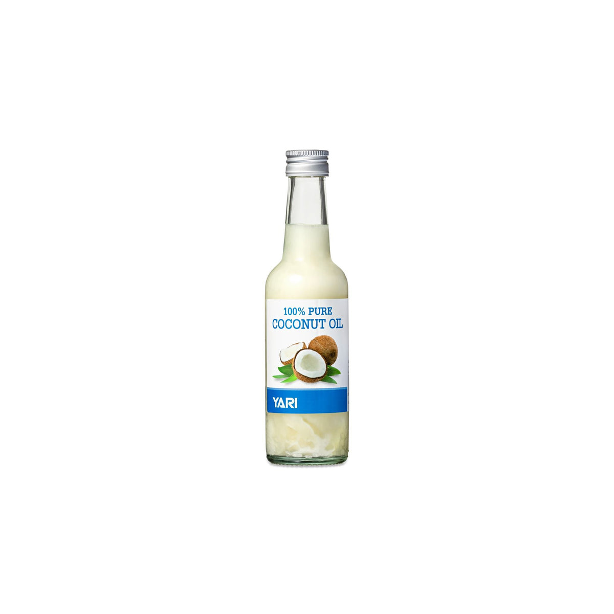 YARI 100% Pure Coconut Oil (250 ml). Clear glass bottle with silver colored lid, containing coconut oil. Can be used for cooking, skin care and hair care.