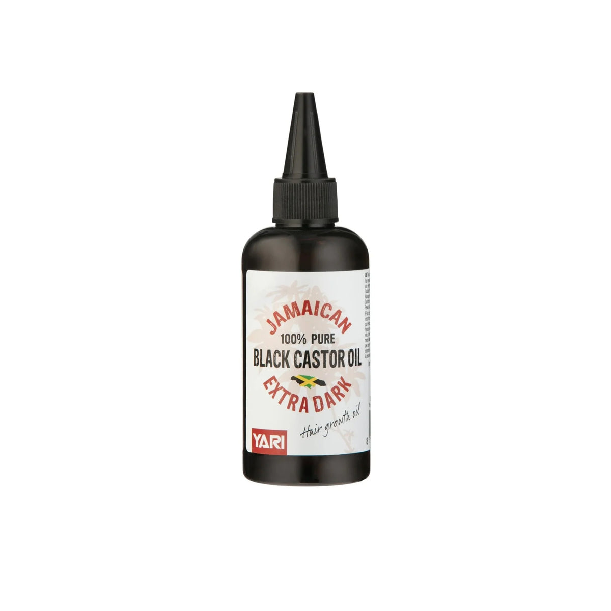 Yari 100% Pure Jamaican Black Castor Oil Extra Dark 105ml. A dark glass bottle with a pointed application tip.