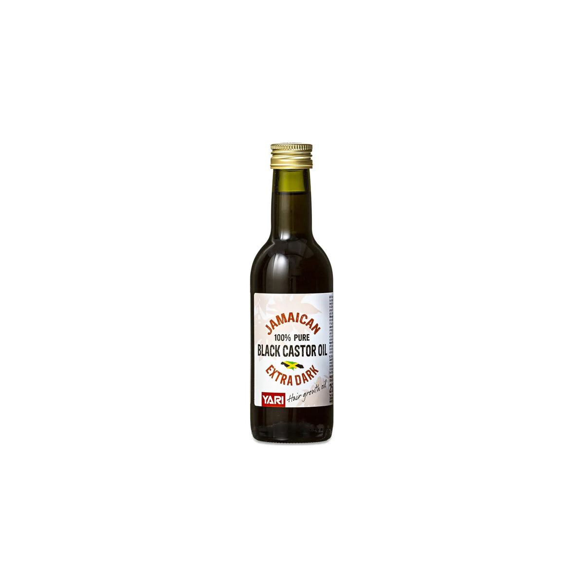 YARI 100% Pure Jamaican Black Castor Oil Extra Dark (250 ml). Dark glass bottle with golden lid, containing extra dark black castor oil. Used for hair growth and care.