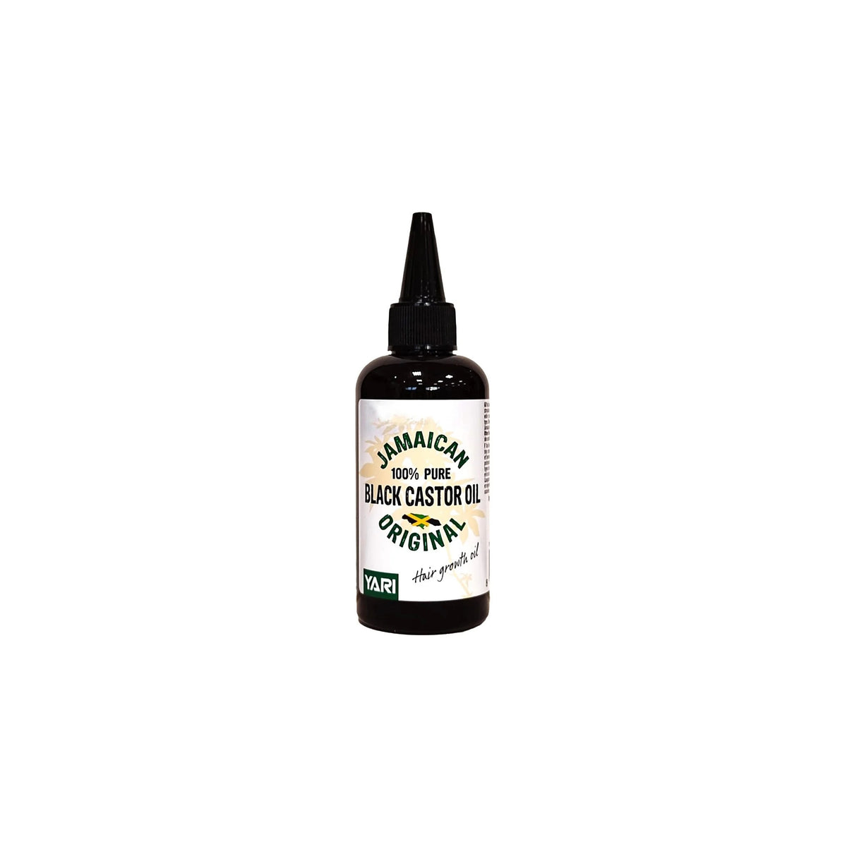 YARI 100% Pure Jamaican Black Castor Oil (Original, 105 ml). Dark plastic bottle with black applicator, containing black castor oil. Used for hair growth and care.