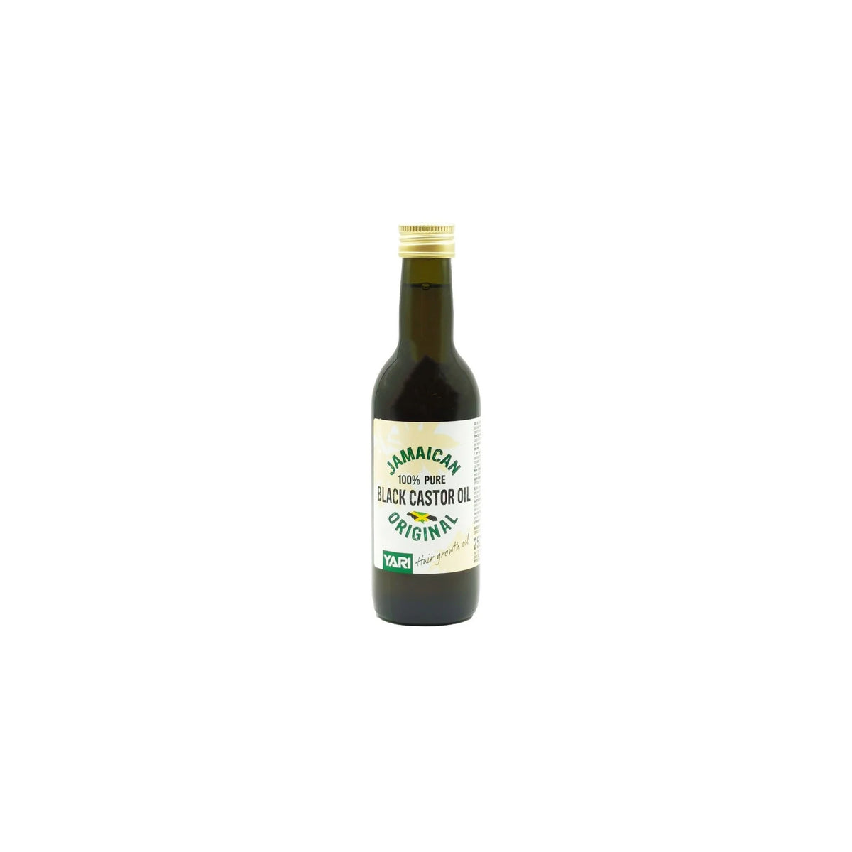 YARI 100% Pure Jamaican Black Castor Oil (Original, 250 ml). Dark glass bottle with golden lid, containing black castor oil. Used for hair growth and care.