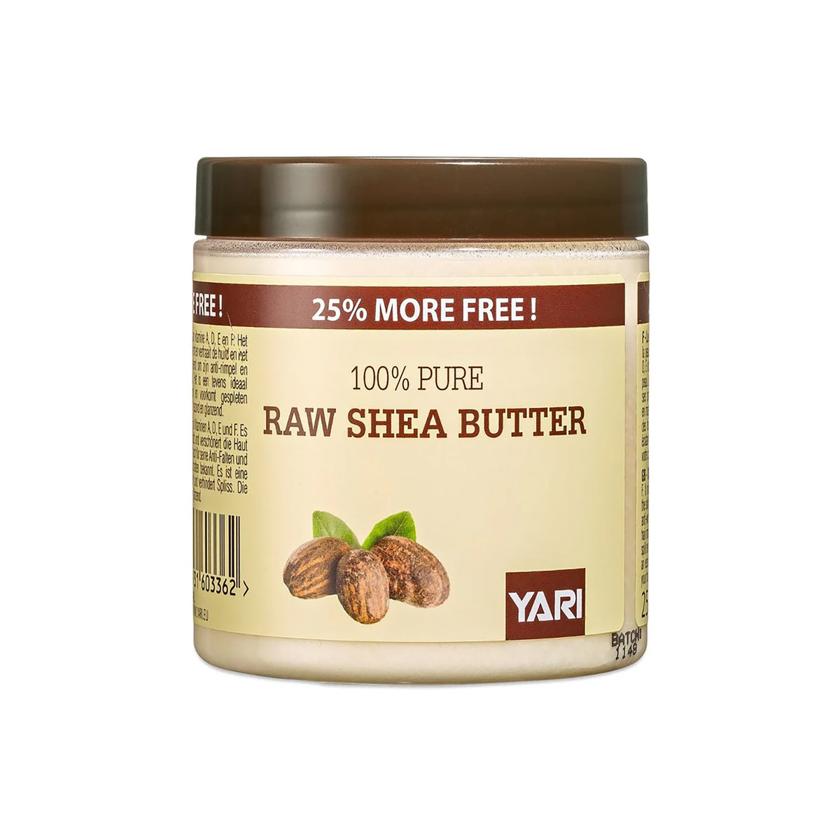 YARI 100% Pure Raw Shea Butter (250 ml). Clear plastic can with white lid, containing raw shea butter. Natural shea butter for skin and hair care.